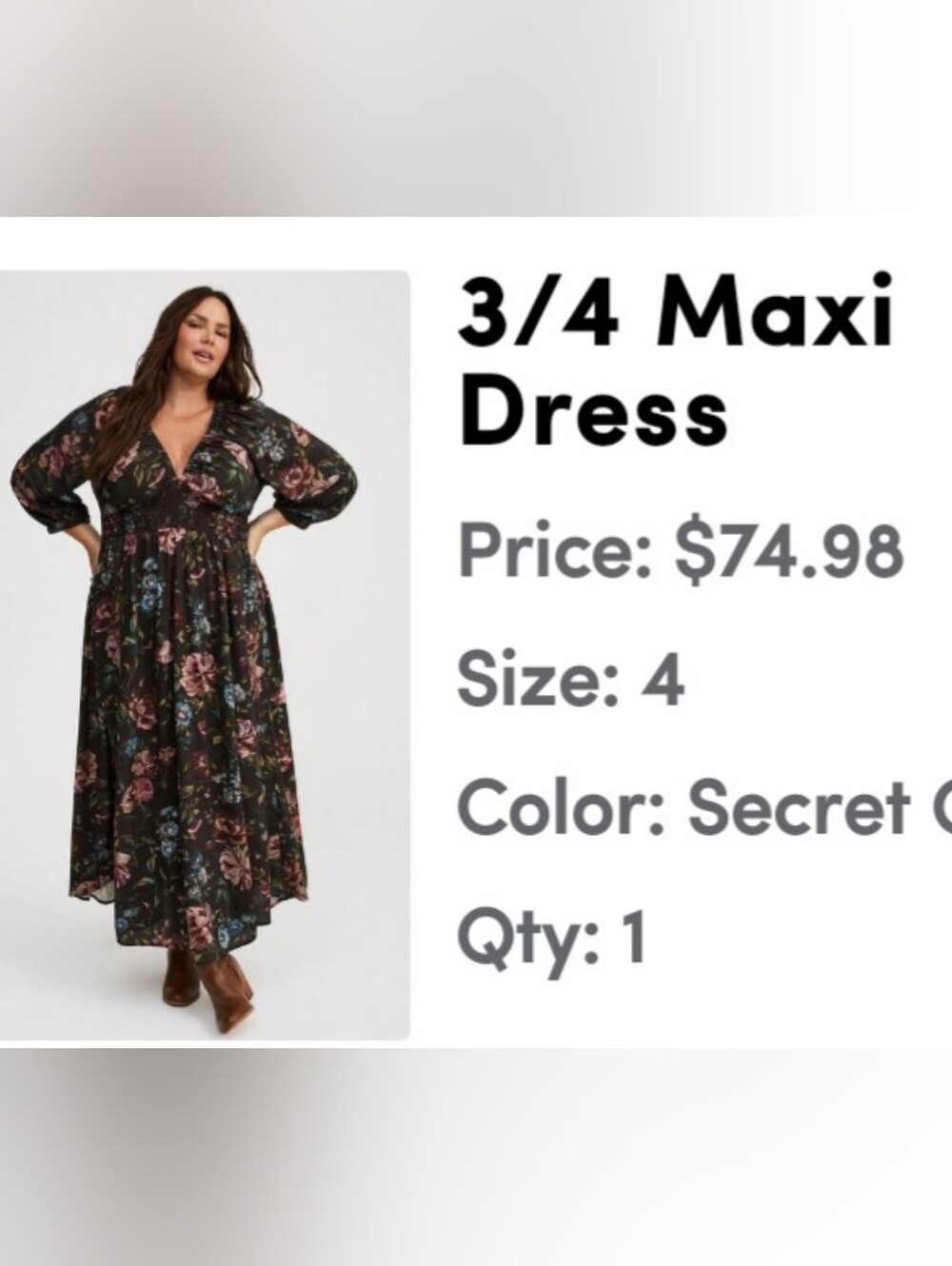 torrid Black Floral 3/4 Sleeve Maxi Dress